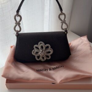 MACH & MACH Black Clutch with Silver Crystal Flower